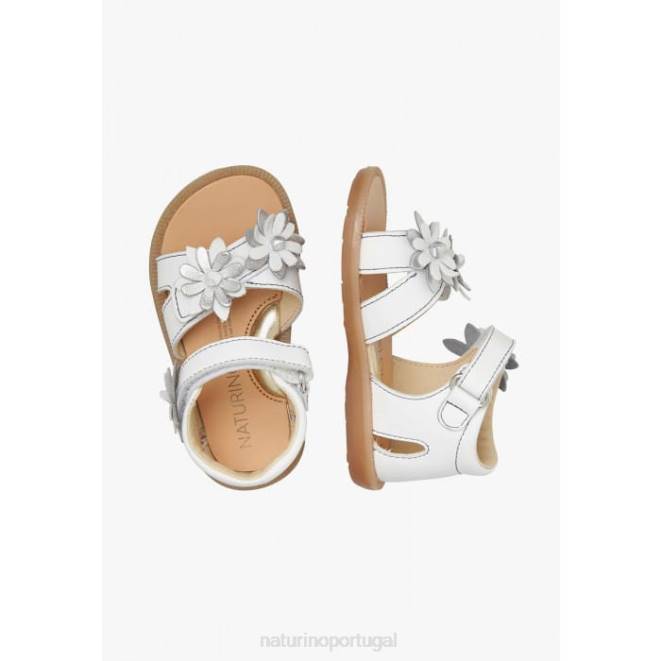 crianças Naturino branco giamima sandália de couro com flores aplicadas HTF8253