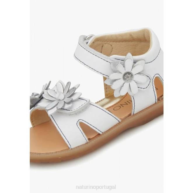 crianças Naturino branco giamima sandália de couro com flores aplicadas HTF8253