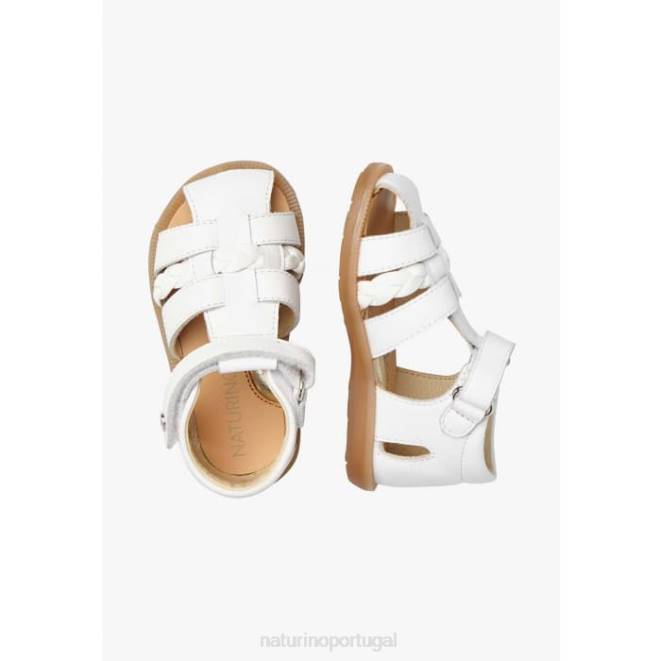 crianças Naturino branco romeno sandália semi-aberta de couro HTF8305