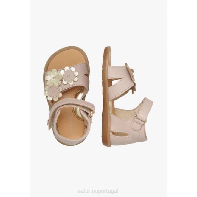 crianças Naturino pó rosa quarey sandália de couro com flores aplicadas HTF8552