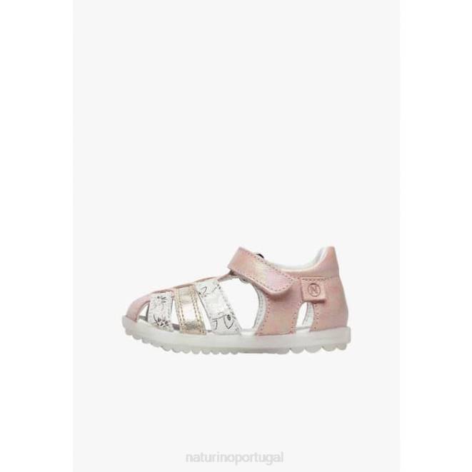 crianças Naturino rosa-platina ver sandália semi fechada de couro metalizado HTF8249