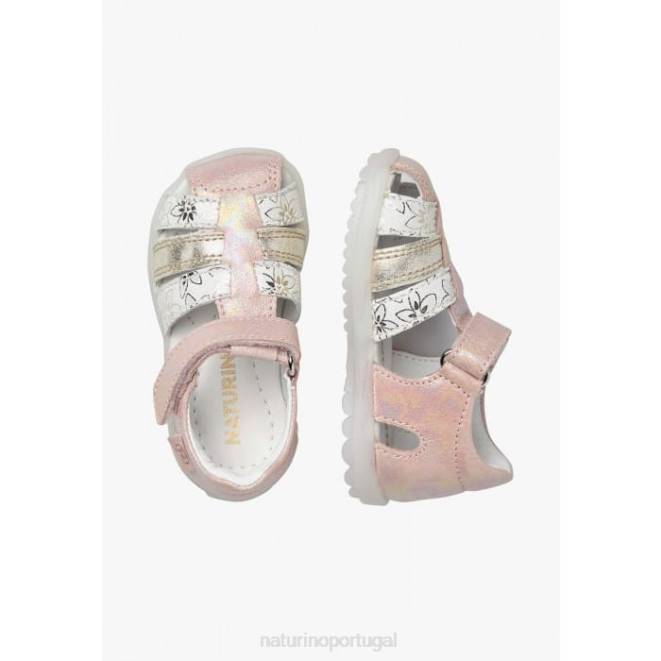crianças Naturino rosa-platina ver sandália semi fechada de couro metalizado HTF8249