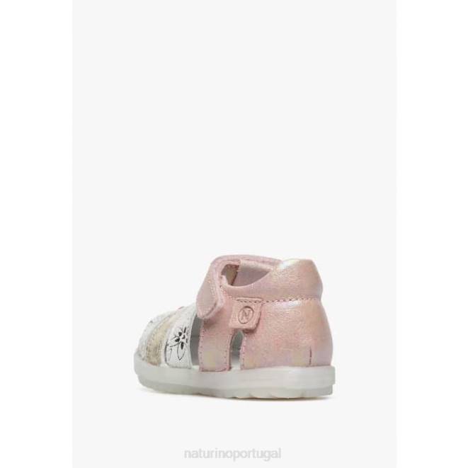 crianças Naturino rosa-platina ver sandália semi fechada de couro metalizado HTF8249