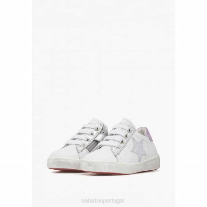 crianças Naturino branco-lilás annie zip tênis de couro com patch de estrela HTF8392